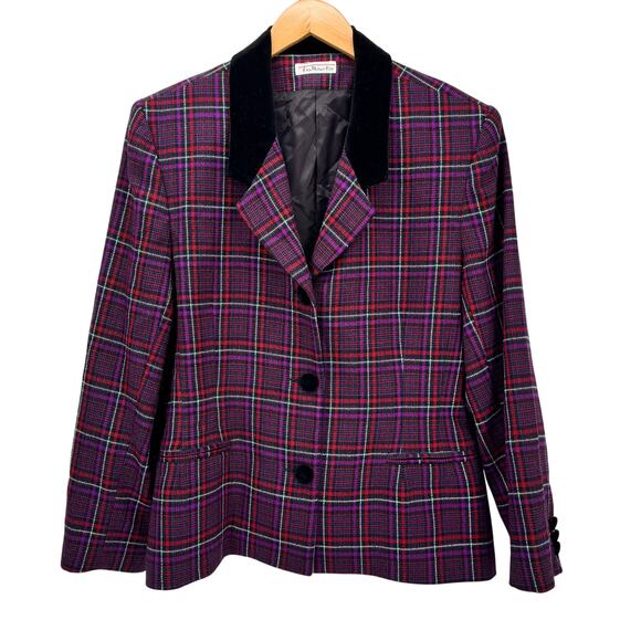 Talbots Blazer Womens 16 Purple Red Black Plaid Wool Velvet Vintage Made in USA - Picture 1 of 9